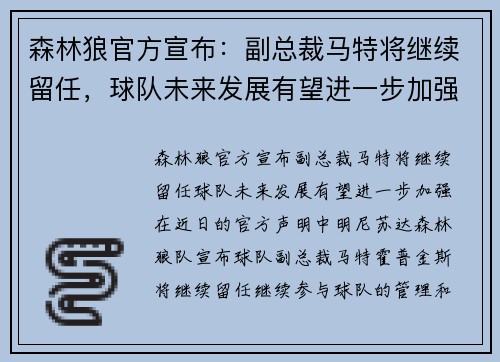 森林狼官方宣布：副总裁马特将继续留任，球队未来发展有望进一步加强