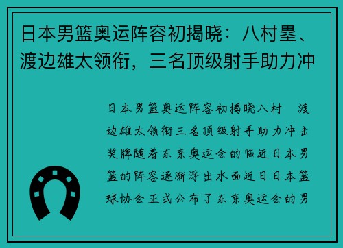日本男篮奥运阵容初揭晓：八村塁、渡边雄太领衔，三名顶级射手助力冲击奖牌